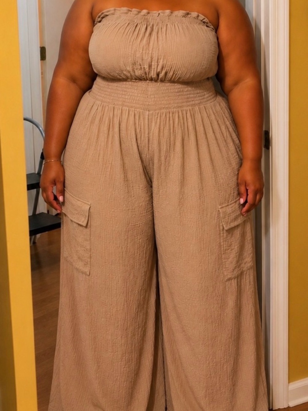 Beige Strapless Wide-Leg Jumpsuit